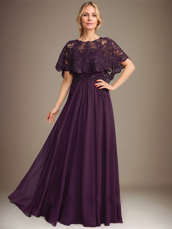 Robe de mère de la mariée en mousseline de soie dentelle, coupe trapèze, col bateau, longueur au sol, ornée d'appliqués de sequins 