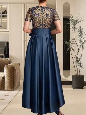 A-line Scoop Asymmetrical Satin Sequin Lace Mother of the Bride Dress With Bow