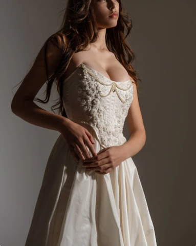 Classy Strapless Satin Beaded Evening Dress A Line Slit Prom Dress Y8314