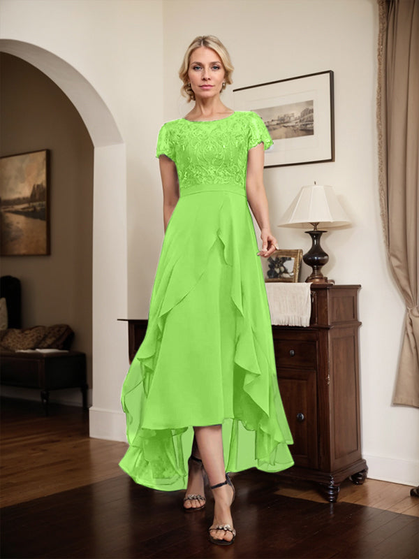 Vestido de novia asimétrico de gasa con encaje, corte en A, escote ilusión, detalle de lazo, volantes y lentejuelas para la madre de la novia 
