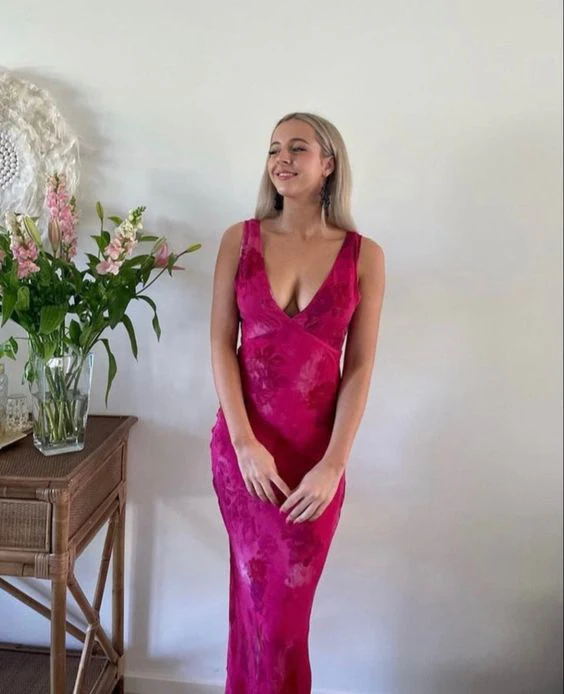 Robe de soirée élégante à imprimé floral et décolleté en V profond, référence Y4548