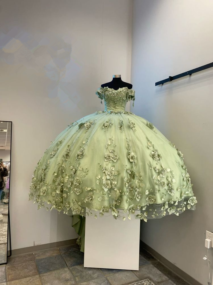Vestido de quinceañera verde con apliques de flores 3D, vestido de baile, vestido de 16 años Y2984