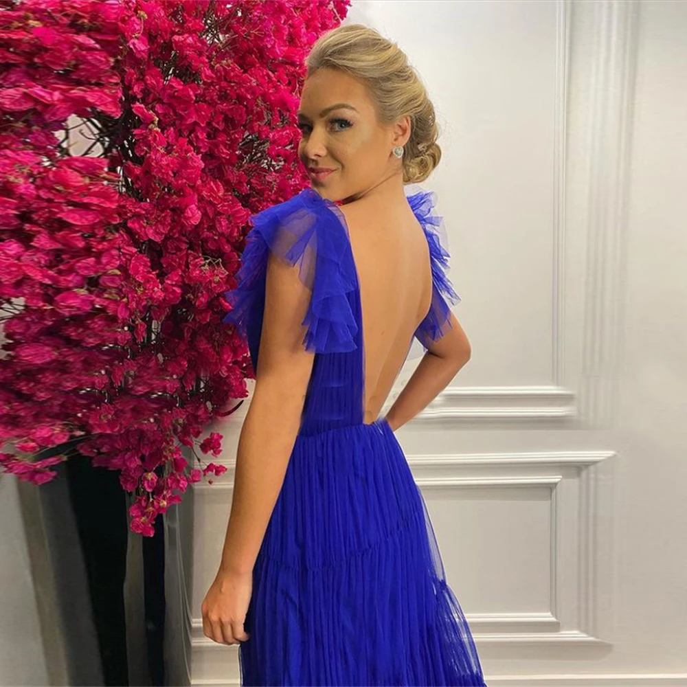 Robe de soirée sexy en tulle à volants, décolleté plongeant en V, dos nu, traîne froncée, découpes latérales, coupe trapèze, plissée, Y4698