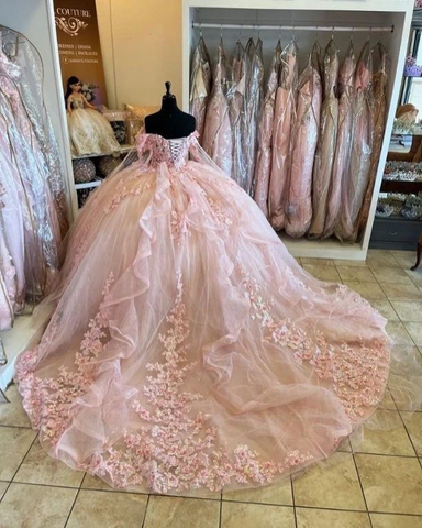 Vestido rosa de quinceañera con hombros descubiertos, flores, apliques de encaje, cuentas, estilo princesa, vestido de fiesta, dulce 16, baile Y2936
