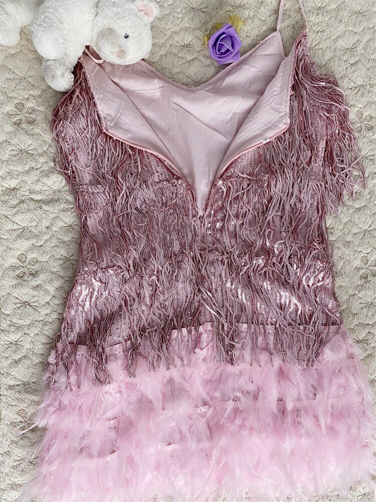 Vestido sexy de mujer con plumas brillantes y borlas, vestido rosa de lentejuelas con flecos para baile estilo años 20, vestido formal de verano, vestido rosa para fiesta de bienvenida Y2470