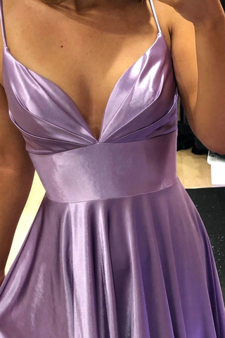 Robe de bal longue violette en satin à col en V, coupe trapèze simple, référence Y927