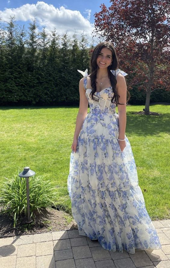 Robe de soirée de bal trapèze en mousseline à motif floral spécial Y6721