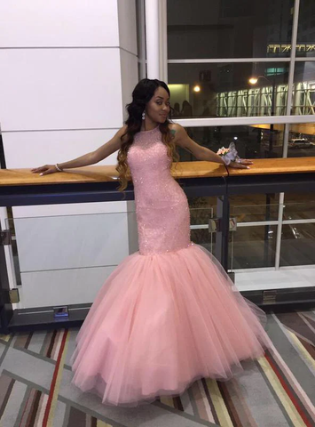 Robe de soirée élégante sirène/trompette rose sans manches en tulle Y1094