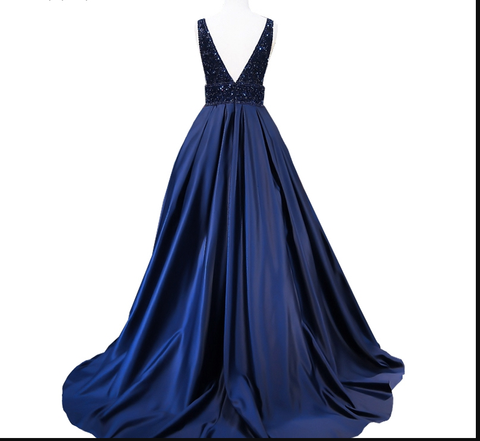 Robe de soirée longue pour femme, bleu marine, col en V, sans manches, dos nu, ornée de perles, référence Y1193