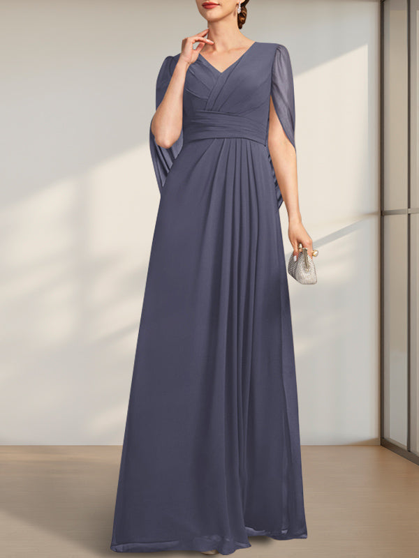 Vestido de gasa de corte A, escote en V y largo hasta el suelo para la madre de la novia, con pliegues