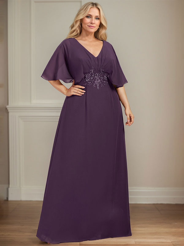 Vestido de corte A, escote en V, largo hasta el suelo, de gasa, para la madre de la novia, con apliques de lentejuelas plisadas y encaje.