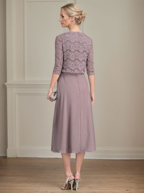 Vestido de chifón de corte línea A, largo té, para la madre de la novia, con escote redondo y pliegues.