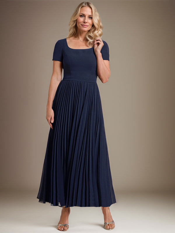 Vestido de gasa corte A, largo hasta el tobillo, para la madre de la novia, con pliegues. 