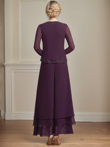 Separates Jumpsuit/Pantsuit Square Ankle-Length Lace Chiffon Mother of the Bride Dress With Sequins