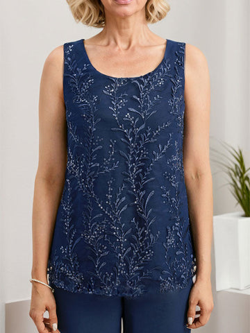 Separates Jumpsuit/Pantsuit Scoop Floor-Length Lace Chiffon Mother of the Bride Dress With Sequins