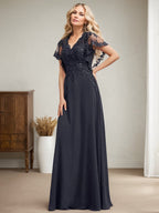 Vestido de novia de corte A, escote en V, largo hasta el suelo, de gasa de encaje con lentejuelas para la madre de la novia 