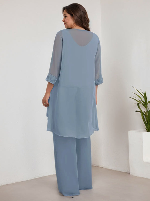Tailleur-pantalon en mousseline à manches longues et col rond pour la mère de la mariée, avec veste 