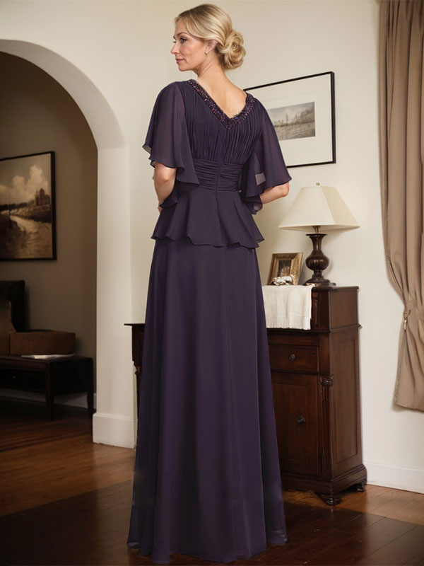 Vestido de gasa de corte A, escote en V, largo hasta el suelo, para la madre de la novia, con plisados ​​y cuentas.