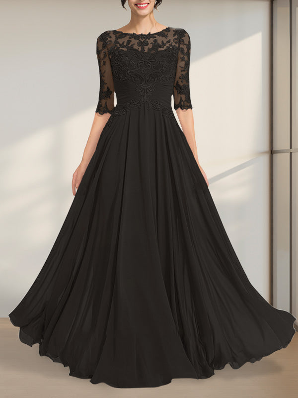Robe de mère de la mariée en mousseline de soie et dentelle, coupe trapèze, longueur au sol, décolleté illusion, ornée de sequins plissés