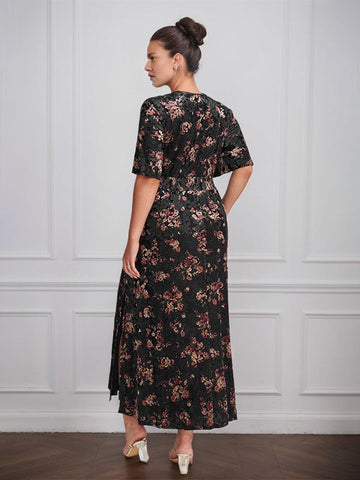 Robe vintage unie en velours, col V, manches courtes, longueur thé, idéale pour la mère de la mariée, avec fente. 