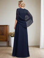 Vestido largo azul marino oscuro de corte A con escote en V para la madre de la novia