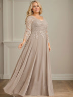 Robe de mère de la mariée en mousseline de dentelle, coupe trapèze, col en V, longueur au sol, ornée de sequins 