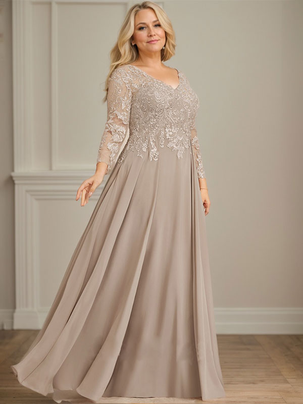 Robe de mère de la mariée en mousseline de dentelle, coupe trapèze, col en V, longueur au sol, ornée de sequins 