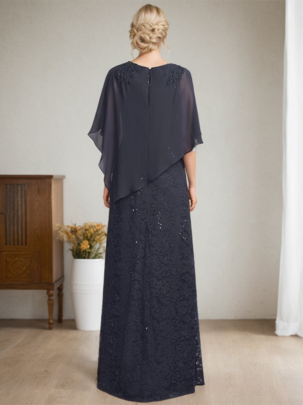 Robe fourreau/colonne longue en mousseline de soie et dentelle, ornée de sequins et de perles, pour la mère de la mariée.