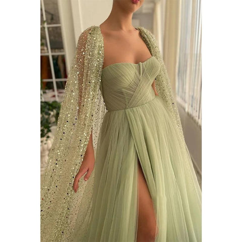 Sweetheart Tulle Pleats High Split Sparkly Prom Dress