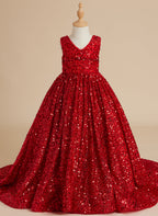Deslumbrante vestido de princesa rojo con lentejuelas, escote en V y cola para niñas 