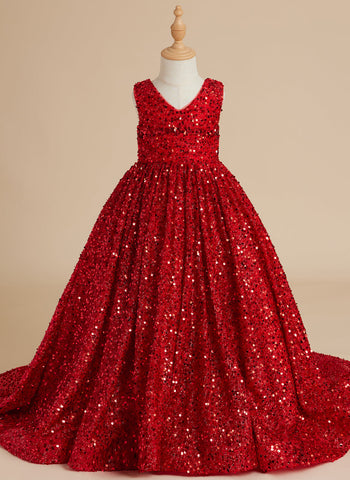 Deslumbrante vestido de princesa rojo con lentejuelas, escote en V y cola para niñas 