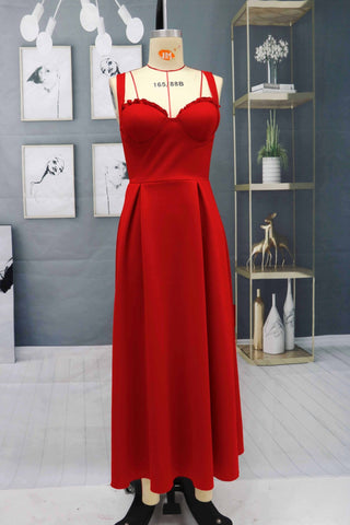 Robe de soirée rouge charmante sans manches, longueur cheville