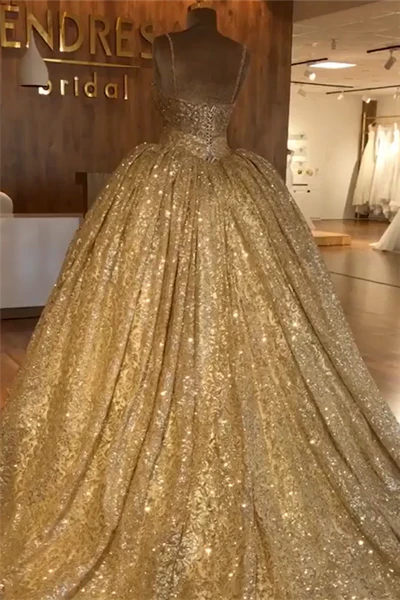 Robe de soirée dorée à fines bretelles | Robe de bal de princesse de luxe S19116