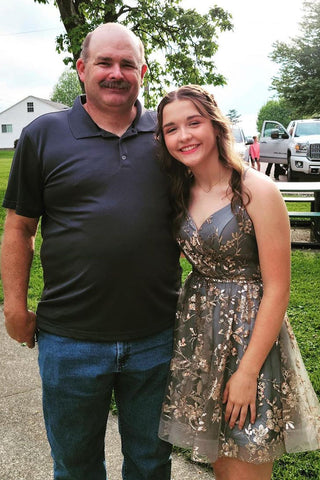 Cute A Line Spaghetti Straps Grey Short Homecoming Dress with Embroidery