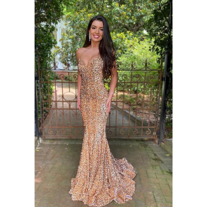 Vestido de fiesta de sirena con lentejuelas y escote en V sexy y purpurina 