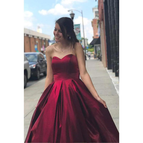 Sweetheart Burgundy Satin A-line Simple Prom Dress with Pockets