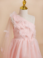 Vestido rosa de organza de corte A hasta la rodilla (010220821) 
