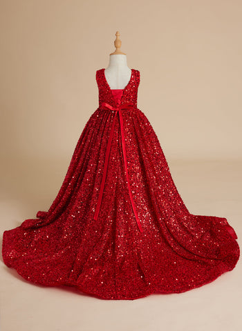 Deslumbrante vestido de princesa rojo con lentejuelas, escote en V y cola para niñas 