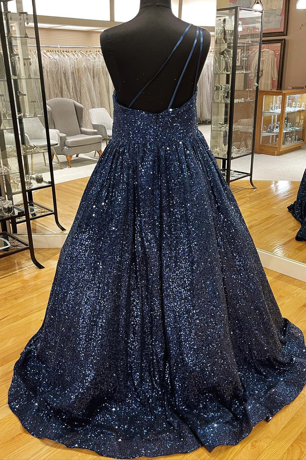 Sparkly One Shoulder A Line Sequins Prom Dress