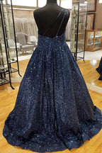 Sparkly One Shoulder A Line Sequins Prom Dress