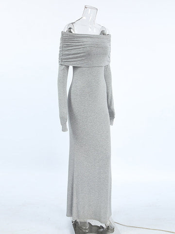 Vestidos largos de noche ajustados, plisados, de color liso, con abertura en la entrepierna y hombros descubiertos. 