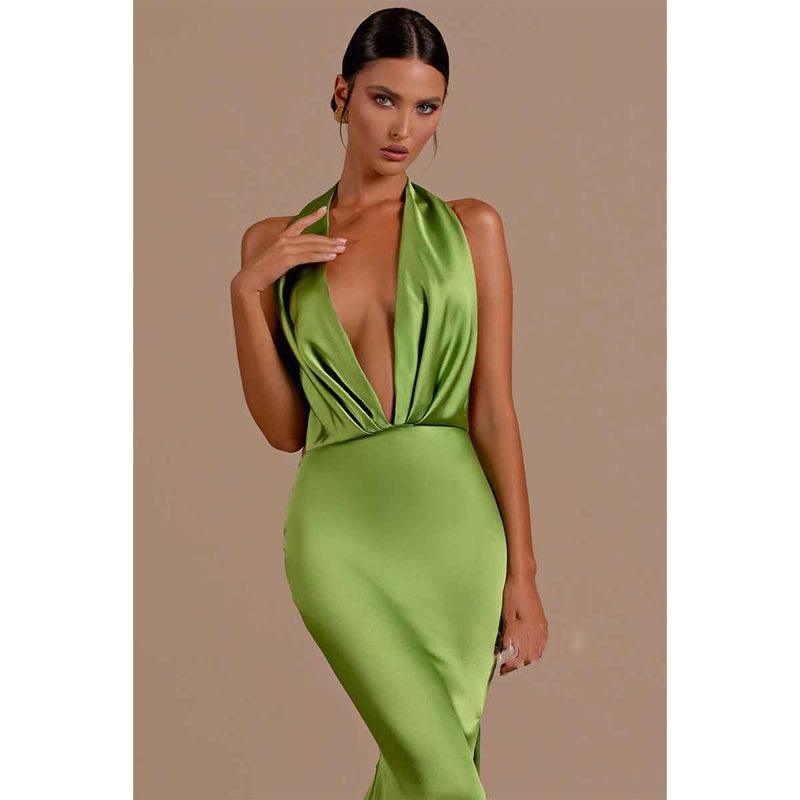 Vestido de fiesta formal largo de sirena con escote en V profundo y espalda descubierta sexy