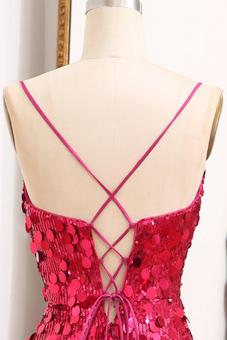 Robe de bal longue sirène violette scintillante à fines bretelles et fente