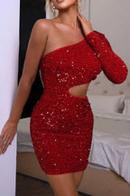 Robe de bal courte à sequins champagne asymétrique, à une épaule et manches longues