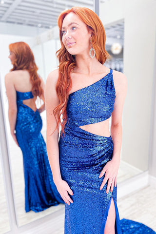 One Shoulder Sequins Prom Dress with Slit
