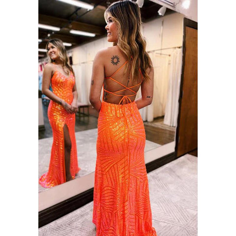 Robe de bal de fin d'année à bretelles spaghetti et col en V, dos nu, fente latérale