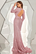 Robe de bal à sequins dos nu à manches longues et fente