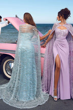 Gorgeous Sky Blue Sweetheart Mermaid Evening Dress Split With Cape