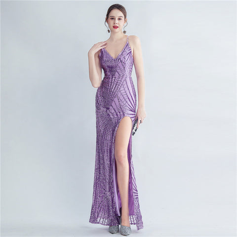 Robe de soirée haut de gamme en sequins haute densité, taille cintrée, fente latérale 