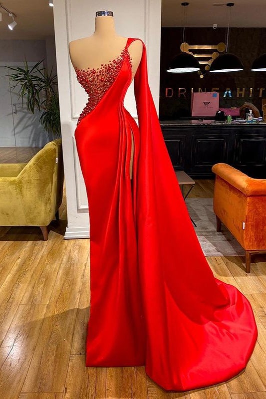 Vestido de fiesta de sirena escarlata con abertura alta, un solo hombro y cuentas